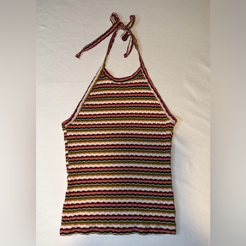 American Eagle Super Soft Striped Halter Top Small Pink Green Ribbed Y2K